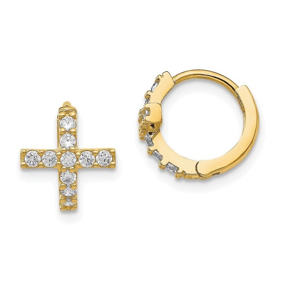 14k Yellow Gold Madi K Polished CZ Cross Hinged Hoop...